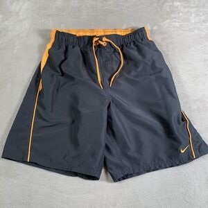 Nike Swim Trunks Shorts Mens Medium Black Orange Mesh‎ Lined Drawstring Swoosh